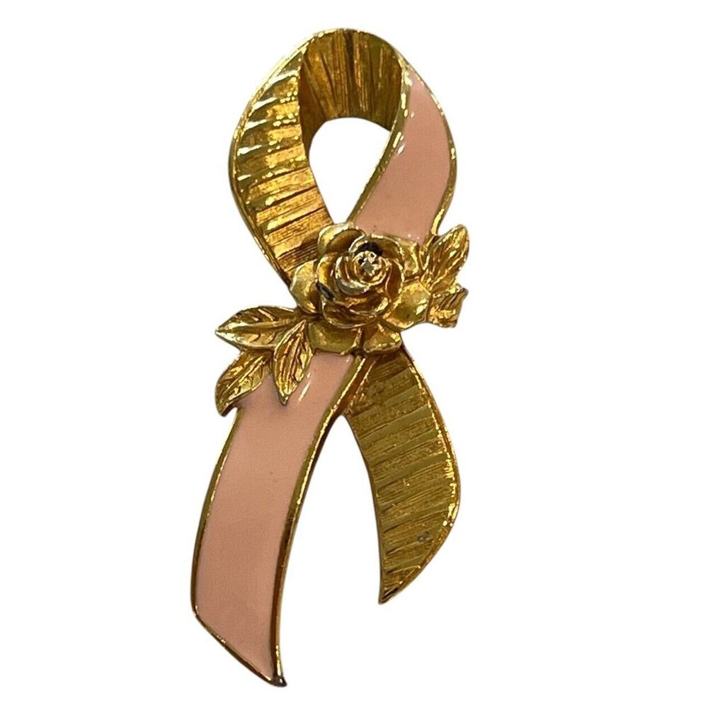 Vintage 1993 Avon Breast Cancer Awareness Pink Ribbon Brooch Pin Gold Tone